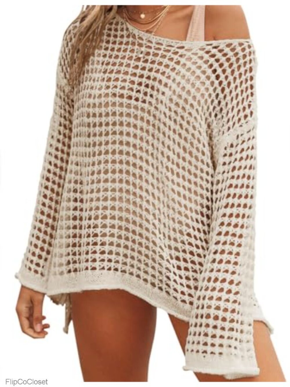 Long Sleeve Beach Cover Up Crochet Polyester Swim Coverup